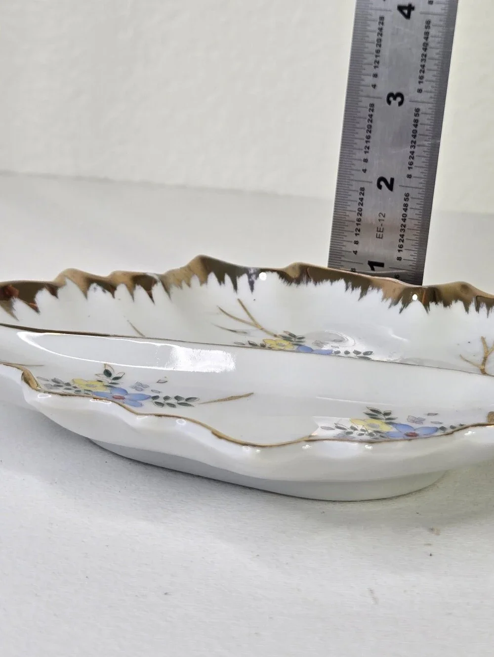 Vintage Porcelain Leaf Trinket Dish Floral Divided Candy Nut Tray Gold Trim Gilt